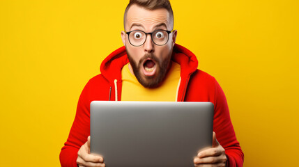 Surprised man in yellow attire holding a laptop, isolated against a red background. Conceptualizes sales, promotions, and modern marketing strategies. Black Friday and Cyber Monday promotion. GenAI