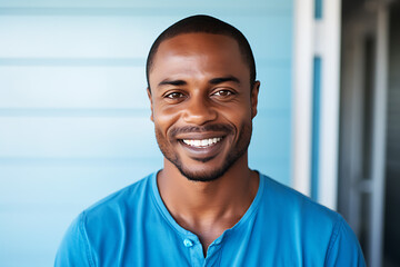 A young African-American man in a blue t-shirt stands in front of a blue wall, looks at the camera and smiles