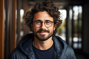 Fototapeta premium Portrait of a young man with curly dark hair, wearing glasses and a dark jacket. A smiling man looks into the camera.