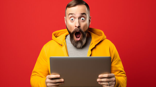 Surprised man in yellow attire holding a laptop, isolated against a red background. Conceptualizes sales, promotions, and modern marketing strategies. Black Friday and Cyber Monday promotion. GenAI