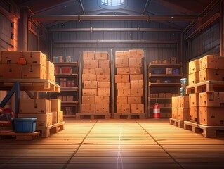A wooden crate in front of a blurred inside a warehouse and rows of shelves in the background