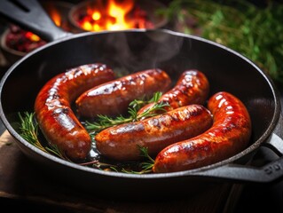 Sausages in a frying pan, close-up shot