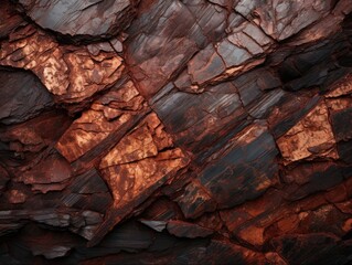Visible veins of copper in the rocky wall of a mine, close-up shot