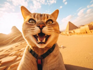 A cute and happy cat smiles while taking a selfie in front of Pyramids of Gizeh