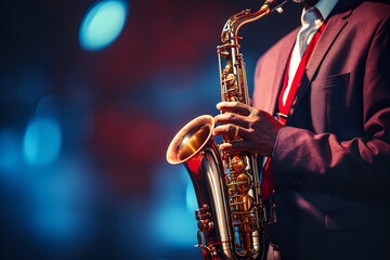 Obraz premium Saxophonist playing the saxophone on stage, close-up