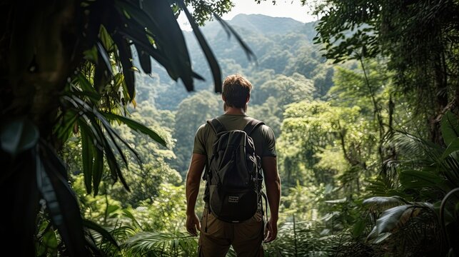 Male hiker, full body, view from behind, standing in the jungle