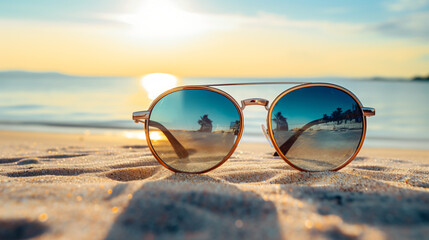 Fototapeta na wymiar Serenity Shades: Sun-Kissed Beach Vibes Captured Through the Lens of Modern Sunglasses. Travel Concept Generative AI