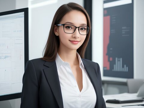 Portrait of businesswoman with glasses on background of electronic stock market analytics closeup