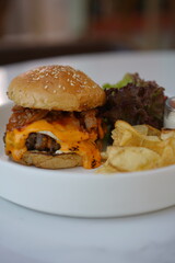 Beef Burger with Eggs Cheese Potato Crispy and Vegetable