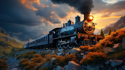 Steam locomotive in the mountains at sunset. 