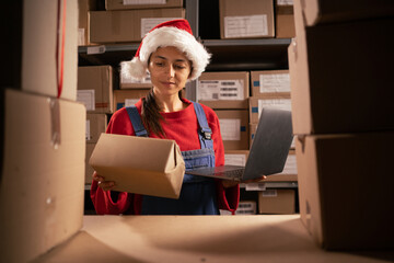 Employee checking stock and inventory with laptop computer in retail warehouse. Working in...