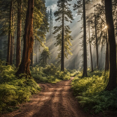 Obraz premium A tranquil forest bathed in the warm hues of a sunset, where nature's beauty and serenity create a peaceful sanctuary