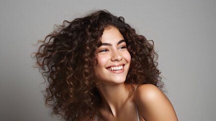 Portrait of a woman highlighting skincare and beauty cosmetics for a radiant, healthy glow, set against a modern studio background. Cheerful model with beautiful curly hair smiling. Generative AI