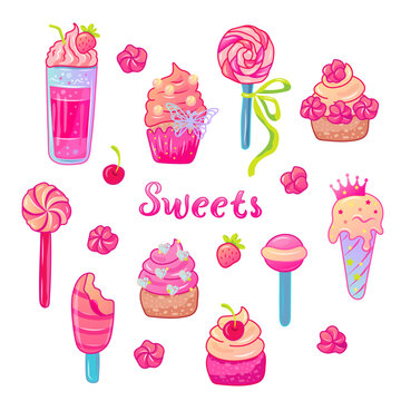Pink glam confectionery images: cupcakes, ice cream, lollipops, cocktail, marshmallow on white background. Vector illustration set.
