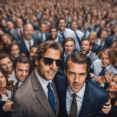 A group of confident businessmen in the heart of New York's Wall Street, embodying success and ambition in the world of finance