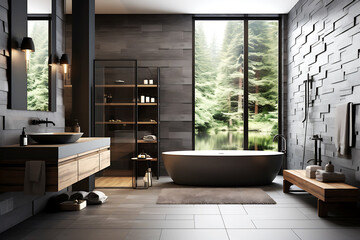 Obraz premium The interior of a dark gray bathroom is made in a minimalist style from natural materials. Large window illuminates the bathroom