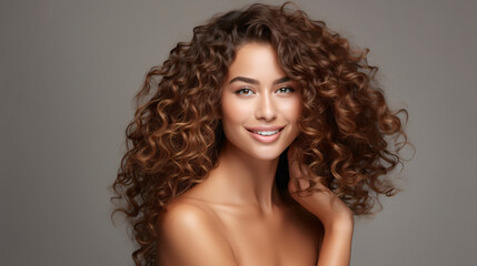 Portrait of a woman highlighting skincare and beauty cosmetics for a radiant, healthy glow, set against a modern studio background. Cheerful model with beautiful curly hair smiling. Generative AI