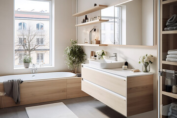 Naklejka na ściany i meble The interior of the bathroom is made in beige tones using natural materials. Daylight illuminates the bathroom