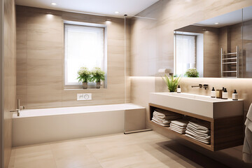Fototapeta na wymiar Bathroom interior in beige tones in a minimalist style