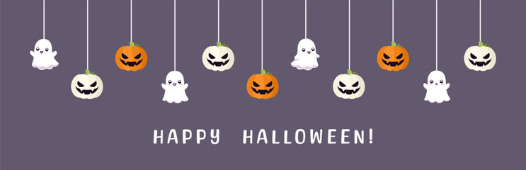 Happy Halloween border banner with ghost and jack o lantern pumpkins hanging from spider webs. Dangling Spooky Ornaments Decoration Vector illustration, trick or treat party invitation