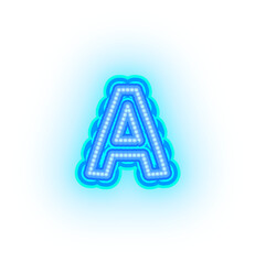 Blue neon alphabet letters, numbers, and signs on a transparent background