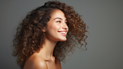 Portrait of a woman highlighting skincare and beauty cosmetics for a radiant, healthy glow, set against a modern studio background. Cheerful model with beautiful curly hair smiling. Generative AI