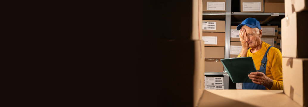 Tired elderly worker with clipboard near rack of cardboard boxes at warehouse has trouble with inventory management