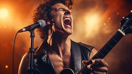Portrait of a rock singer holding an electric guitar and a stationary acoustic microphone, passionately belting out a song. The image captures the essence of rock music and rave. Generative AI
