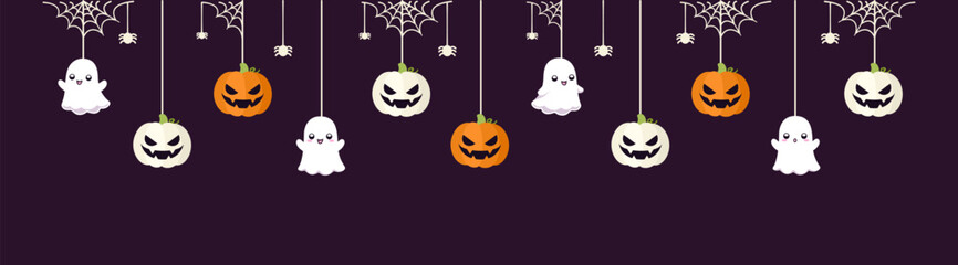 Happy Halloween border banner with ghost and jack o lantern pumpkins hanging from spider webs. Dangling Spooky Ornaments Decoration Vector illustration, trick or treat party invitation