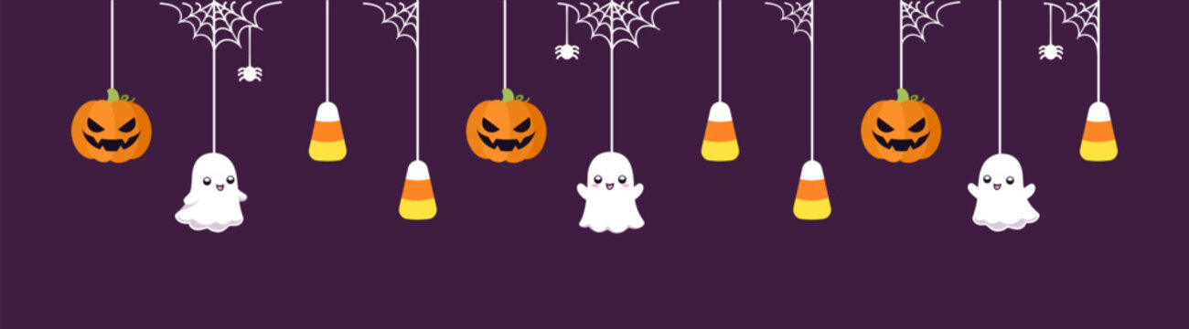 Happy Halloween border banner with ghost, candy corn and jack o lantern pumpkins. Hanging Spooky Ornaments Decoration Vector illustration, trick or treat party invitation