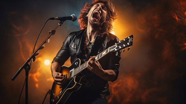 Portrait of a rock singer holding an electric guitar and a stationary acoustic microphone, passionately belting out a song. The image captures the essence of rock music and rave. Generative AI