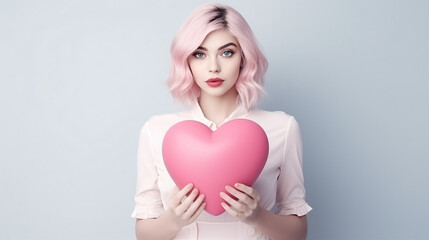 Portrait of a young, beautiful and stylish woman holding a large pink heart against a modern background. Minimalist representation of love for Valentine's Day.

Generative AI