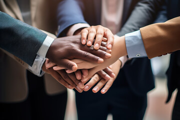 Group of business people putting their hands together on top of each other