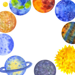 Obraz na płótnie Canvas Frame planets of the solar system. Mercury Venus Earth Mars Jupiter Sun. Hand draw watercolor illustration isolated on white background