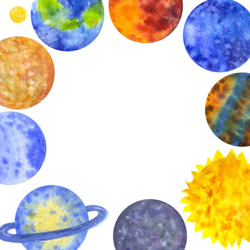 Frame planets of the solar system. Mercury Venus Earth Mars Jupiter Sun. Hand draw watercolor illustration isolated on white background