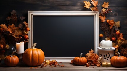 Halloween welcome signboard mockup with pumpkins, lantern and fallen leaves. Black board with autumn holiday decoration with copy space. Generated AI.	