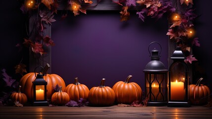 Halloween welcome signboard mockup with pumpkins, lantern and fallen leaves. Purple board with autumn holiday decoration with copy space. Generated AI.	