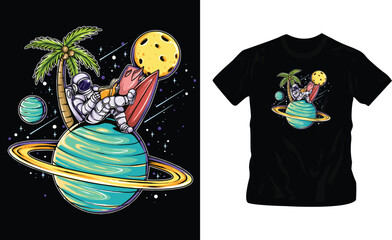 Cosmic landscapes with stars and galaxies Vector astronaut summer sitting on a planet in space t-shirt design editable template