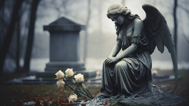 Image featuring a background with space for a caption, incorporating a portion of a melancholy angel statue situated in a cemetery. Ideal for funeral ceremony themes.

Generative AI
