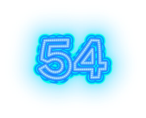 Blue neon alphabet letters, numbers, and signs on a transparent background