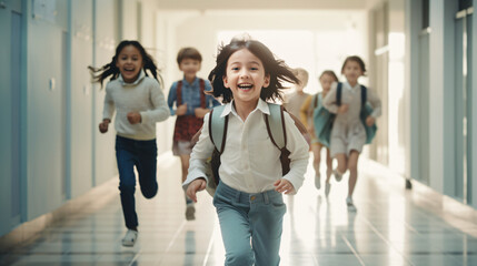 Naklejka premium Joyful diverse school children sprinting down the hallway at school. Back to school concept with a modern background.Generative AI