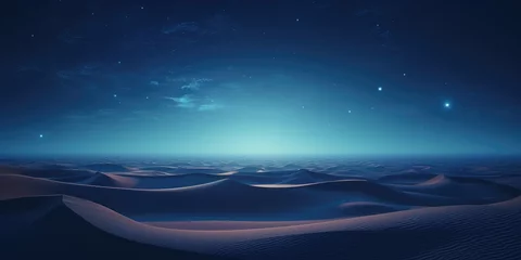 Foto op Aluminium Nighttime desert landscape with starry sky. Rolling sand dunes with space horizon. Abstract atmospheric cloudscape. © Fox Ave Designs