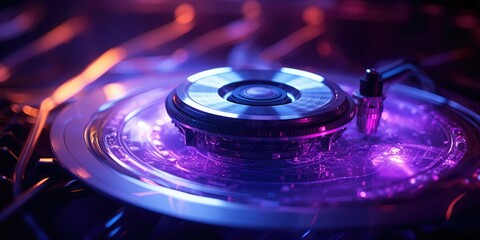 Closeup hard drive disc CD ROM. Purple neon record player. Music vinyl dj booth. Digital hardware equipment. - obrazy, fototapety, plakaty