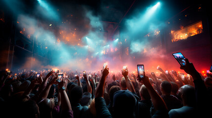 group of people with hands in front of crowd and glowing lights on background of crowd of people having fun at concert and night club. crowd of