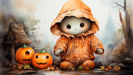 halloween pumpkin and a witch in the forest. halloween concept.