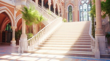 Naklejka premium Dreamy white marble staircase in a church. Stairway to heaven with stained glass windows.