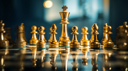 Golden queen stands as the leader on the chessboard in a game symbolizing business strategy, success, management, and modern leadership concepts, including disruption and planning. Generative AI