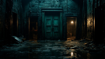 empty dark room with old and damaged walls, night scene with neon light. halloween, scary background. - Powered by Adobe