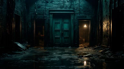 Door stickers Old door empty dark room with old and damaged walls, night scene with neon light. halloween, scary background.