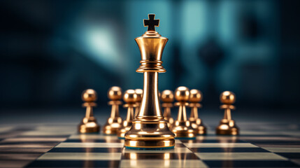 Golden queen stands as the leader on the chessboard in a game symbolizing business strategy, success, management, and modern leadership concepts, including disruption and planning. Generative AI
